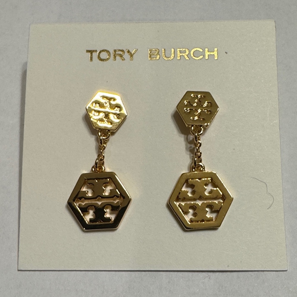 NEW-Tory Burch Gold Hexagon Dangle Earrings